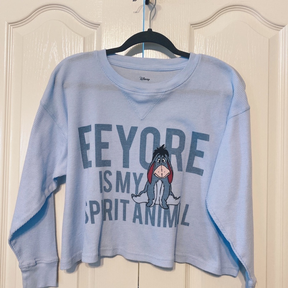 Disney EEYORE Cropped Waffle Tee Long Sleeves Oversized Size Small Baby Blue